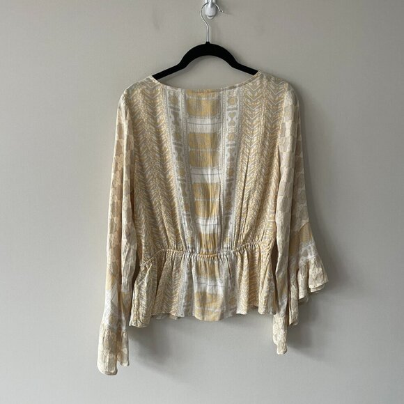 Free People Rosalie Geometric Print Bell Sleeve Wrap Top Yellow Gray Small - Picture 3 of 8